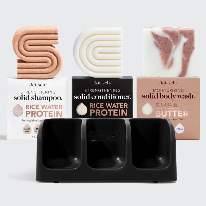 Hair Growth Rice Water Shampoo & Conditioner Soap Dish Bundle - Black